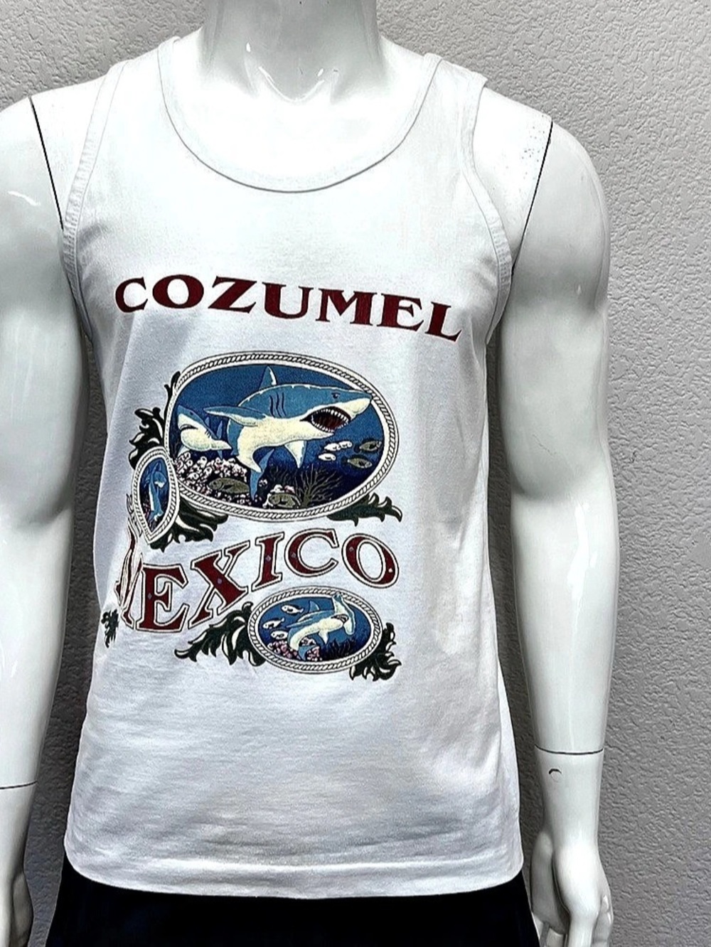 Vtg 90s 80s Cozumel Mexico Shark Graphic Tank Top Men M 42” Tourist Souvenir Be